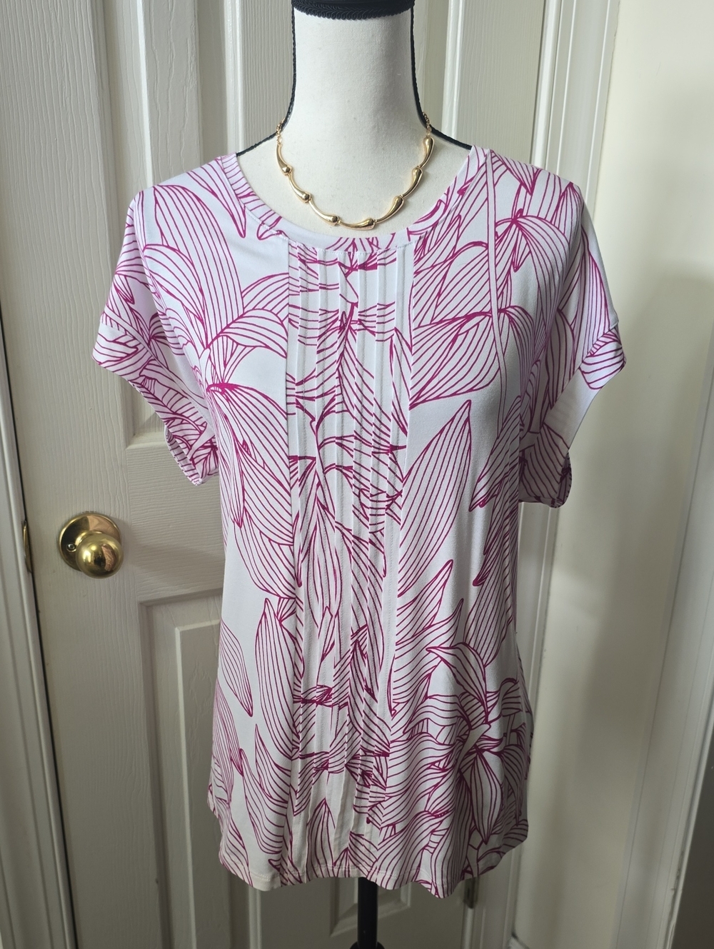 LIZ CLAIBORNE BRAND WOMENS WHITE & PINK FLORAL SHORT SLEEVES PULLOVER TOP LARGE